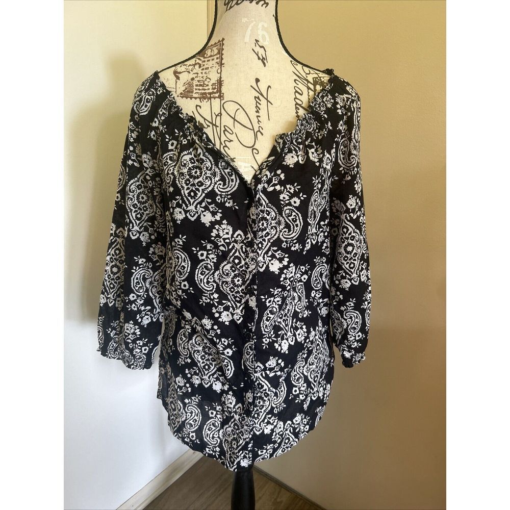 Jones New York Women's Peasant Top Small  Blue And White Floral‎ Rayon Blouse